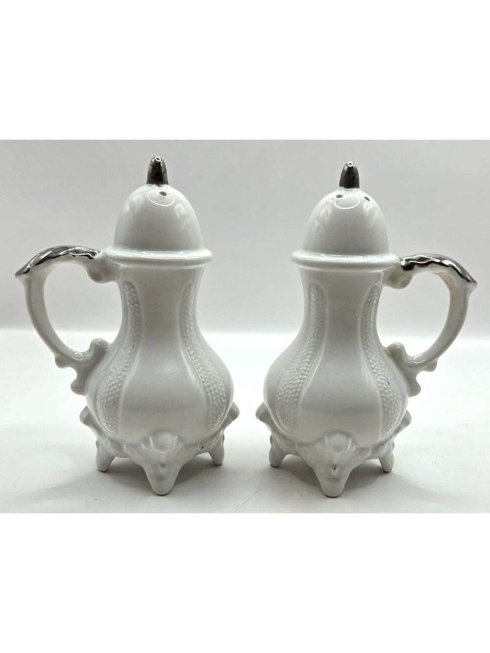 Vtg Loma Coffee Tea Pot Kettle Salt & Pepper Shakers White Silver Footed Stopper